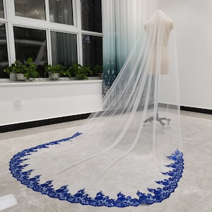 Lace Wedding Veil, One Layer Ivory Tulle Bridal Veil, White Cathedral Wedding Veil, Blue Lace Sequin Wedding Veil,Lace Cathedral Veil