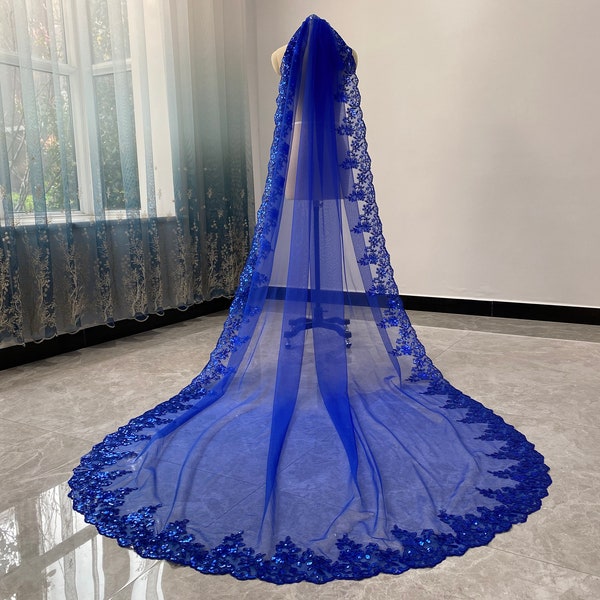 Magnifique voile de mariage bleu cathédrale voile nuptial bleu dentelle de paillettes Voile de mariage Blanc / Voile de mariage ivoire Voile simple couche voile