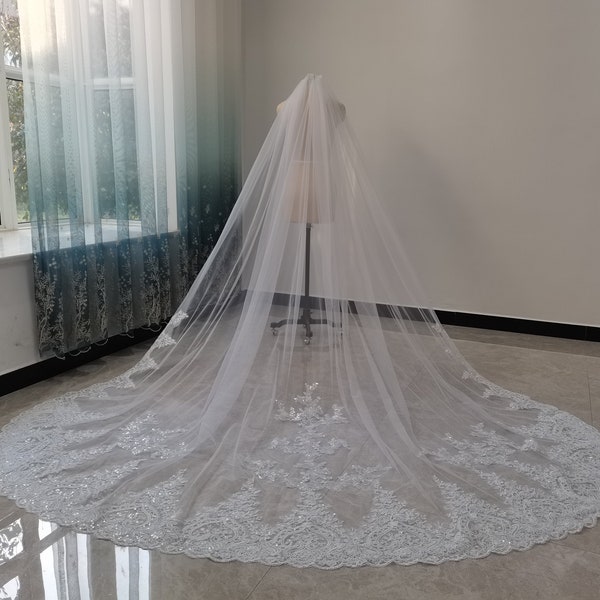 Sequined Lace Veil White Cathedral Wedding Veil Ivory Tulle Lace Veil Gorgeous Lace Wedding Veil Cathedral Length Veil