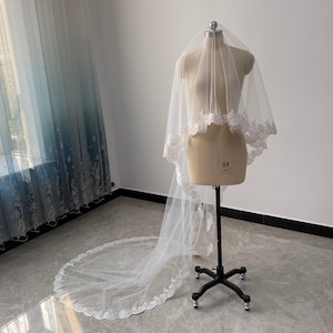 Lace Applique Veil Lace Cathedral Veil 118 inches Length Wedding Veil Ivory Tulle Bridal Veil Wedding Bridal Veil