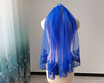 Short Elbow Length Bridal Veil One Layer Blue Tulle Lace Sequins Beautiful Womens Wedding Veil With Comb