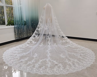Romantic Wedding Lace Cathedral Veil White Or Ivory Cathedral Length One Layer Tulle Lace Edge Decoration Bridal Veil With Comb