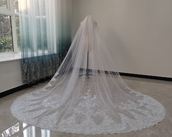 Sequined Lace Veil White Cathedral Wedding Veil Ivory Tulle Lace Veil Gorgeous Lace Wedding Veil Cathedral Length Veil