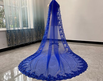 Gorgeous Blue Wedding Veil Cathedral Bridal Veil Blue Sequin Lace Wedding  Veil White/ivory Wedding Veil Single Layer Veil 