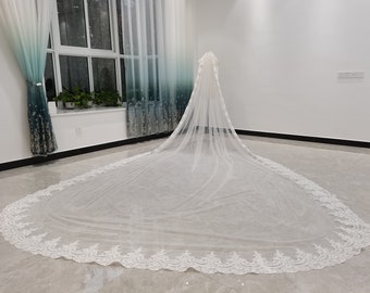 Elegante velo de novia de una capa de velo de longitud de catedral de tul blanco o marfil de 5 metros de largo, hermoso velo de novia de encaje.