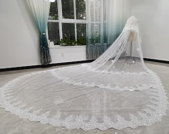 Two Tier Veil Gorgeous Cathedral Bridal Veil White/Ivory/Black Tulle Lace Sequins Trim Veil Romantic Bridal Wedding Veil