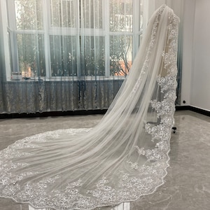 Cathedral Wedding Veil, White Tulle Veil, Sequin Lace Veil, Gorgeous Wedding Veil, Sequin Bridal Veil, Ivory Single Layer Wedding Veil