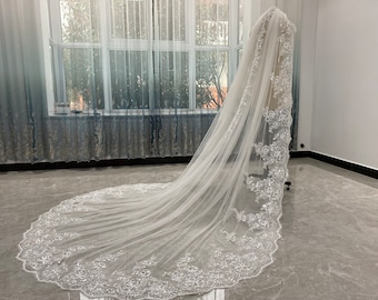 Cathedral Wedding Veil, White Tulle Veil, Sequin Lace Veil, Gorgeous Wedding Veil, Sequin Bridal Veil, Ivory Single Layer Wedding Veil