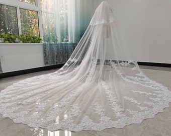 Voiles à deux niveaux en tulle blanc ou ivoire, voile de mariage cathédrale, élégant voile de mariée, appliques de dentelle, voile décorative, accessoires pour cheveux