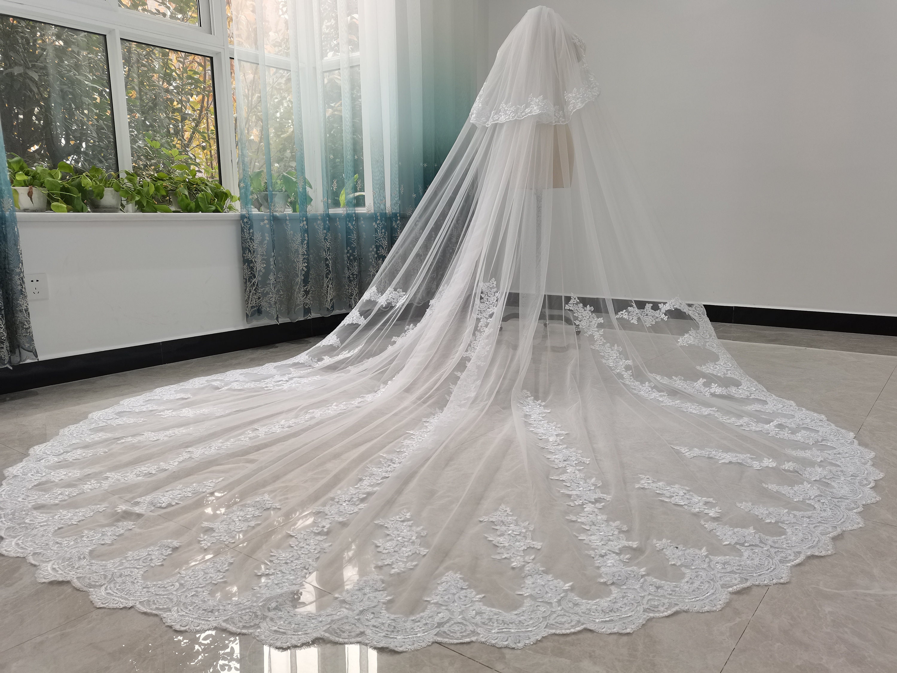 Two Tier Veils White or Ivory Tulle Cathedral Wedding Veil  display picture 3