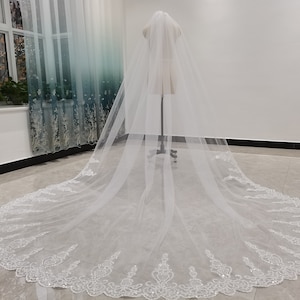 Single Layer Cathedral Wedding Veil White Or Ivory Soft Tulle Veil Lace Sequins Bridal Veil Shiny Lace Veil