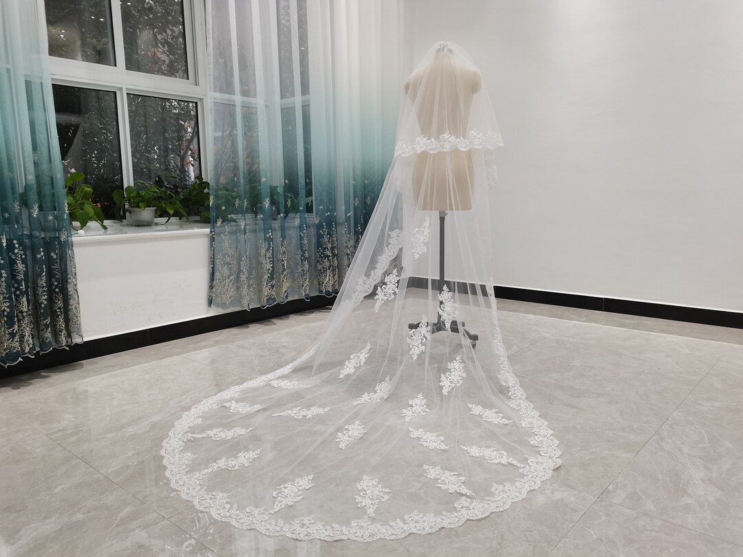 White Cathedral Wedding Veil, Ivory Bridal Veil, Two Layer Tulle