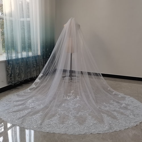 Sequined Lace Veil White Cathedral Wedding Veil Ivory Tulle Lace Veil Gorgeous Lace Wedding Veil Cathedral Length Veil