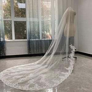 Lace Cathedral Wedding Veil Eyelashes Lace Edge Veil Lace Applique Bridal Veil White or Ivory One Layer Wedding Veil