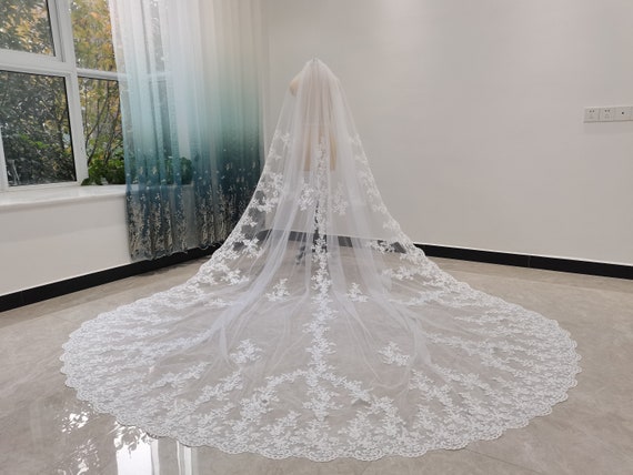 Ivory Wedding Veil with Flower Lace Cathedral Veil with Lace Applique  Floral Lace Veil One Tier Veil Long Lace Veil with Comb White Veil 