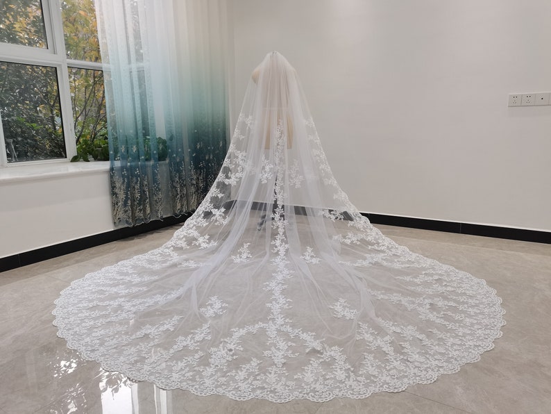 Romantic Wedding Lace Cathedral Veil White Or Ivory Cathedral Length One Layer Tulle Lace Edge Decoration Bridal Veil With Comb image 1