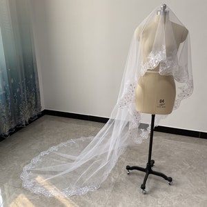 Bridal Veil Lace Cathedral Veil White Or Ivory Wedding Veil 118 inches Length Veil Single Layer Veil Leaf Lace Wedding Veil