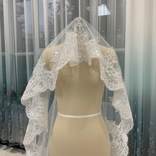Cathedral Wedding Veil White Off-White Champagne Ivory Colors Minimalistic Design with Metal Comb