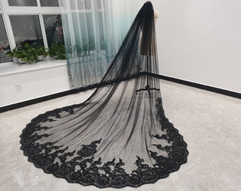 Velo de novia de una sola capa, velo catedral, encaje, lentejuelas, velo regio, negro/blanco/marfil, accesorios para el cabello