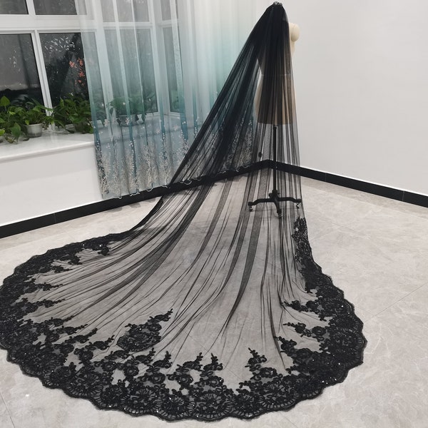 Single Layer Veil Wedding Bridal Veil Cathedral Length Veil Lace Sequins Regal Veil Black/White/Ivory Wedding Veil Hair Accessories