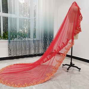 Red Cathedral Bridal Veil Golden Lace Applique Edge Wedding Veil One Layer Cathedral Length Bridal Wedding Veil Without Comb