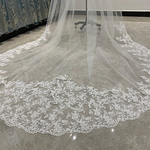 Wedding Cathedral Veil, White Cathedral Length Veil, Lace Wedding Veil, Ivory One Layer Wedding Veil