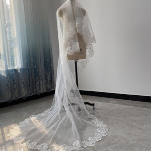 Lace Applique Veil White Or Ivory Wedding Veil Single Layer Veil Cathedral Wedding Veil Lace Cathedral Veil