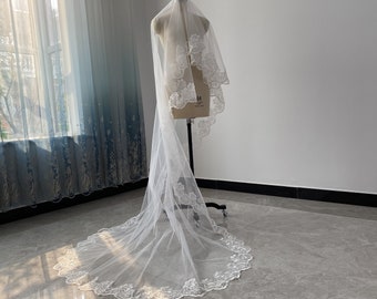 Lace Applique Veil White Or Ivory Wedding Veil Single Layer Veil Cathedral Wedding Veil Lace Cathedral Veil