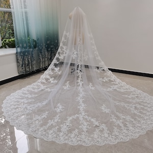 Romantic Wedding Lace Cathedral Veil White Or Ivory Cathedral Length One Layer Tulle Lace Edge Decoration Bridal Veil With Comb image 10