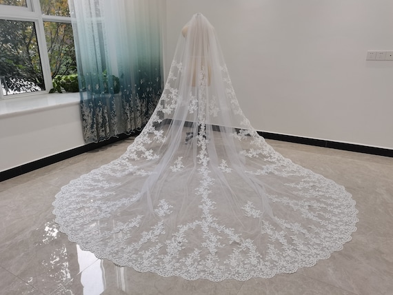 Long Lace-Edged Bridal Veil in White 3M 3M White Wedding Cathedral Bridal Veils Beautiful Long Veil  main image 3