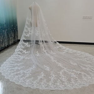 Romantic Wedding Lace Cathedral Veil White Or Ivory Cathedral Length One Layer Tulle Lace Edge Decoration Bridal Veil With Comb image 7