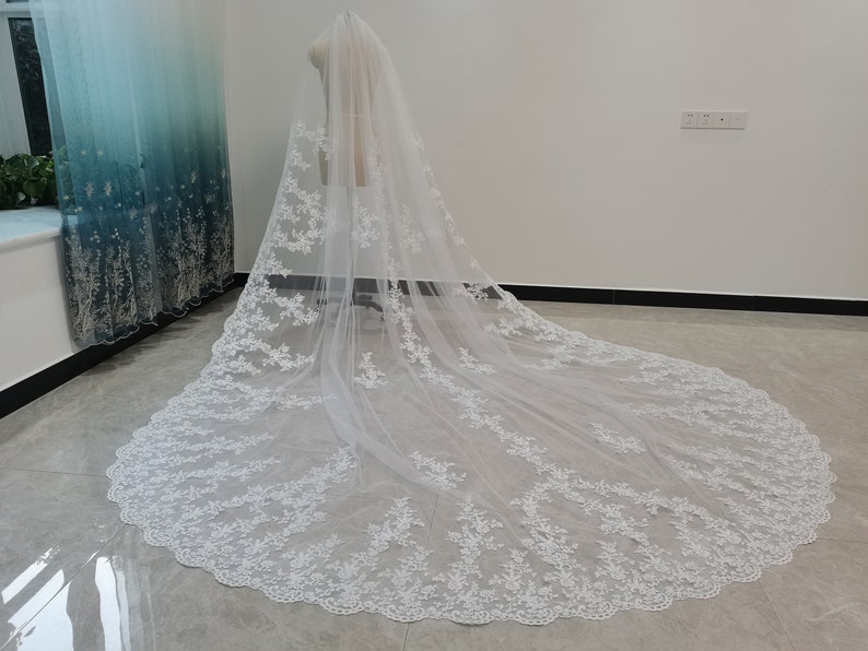 Romantic Wedding Lace Cathedral Veil White Or Ivory Cathedral Length One Layer Tulle Lace Edge Decoration Bridal Veil With Comb image 7