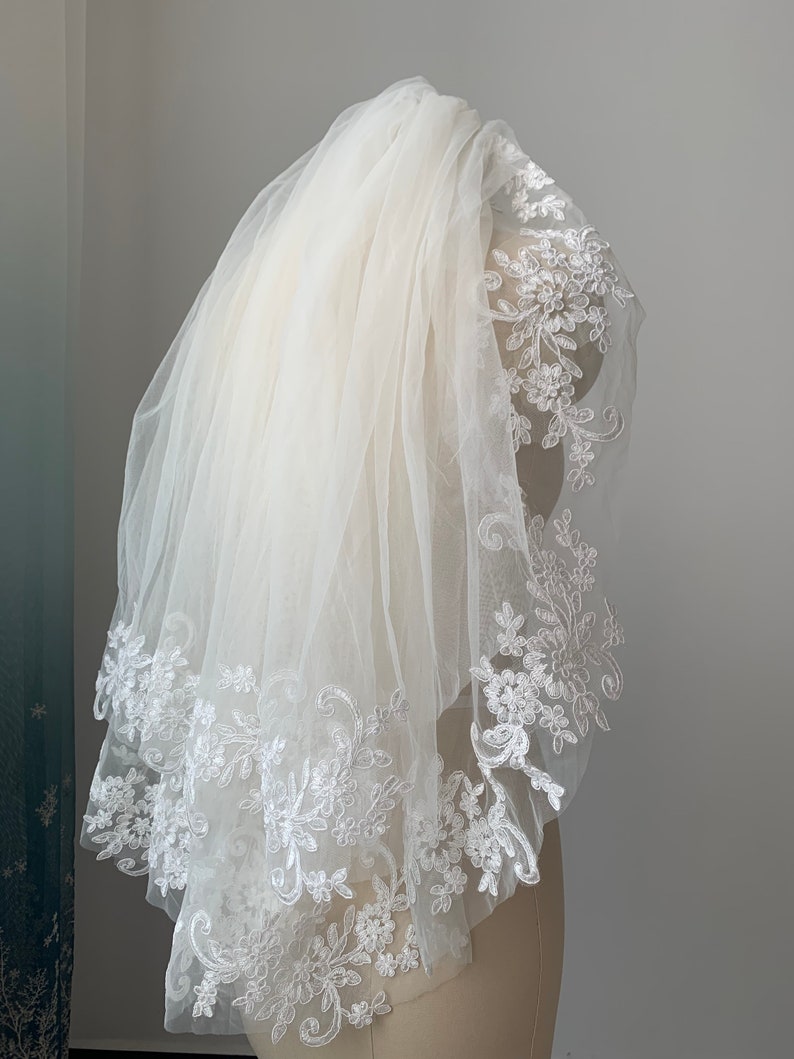 Lace Applique Veil White or Ivory Two Layer Wedding Veil Soft Tulle
