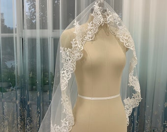 Wedding Lace Bridal Veil White Or Ivory One Layer Veil Tulle Wedding Veil Bridal Veil Lace Cathedral Wedding Veil