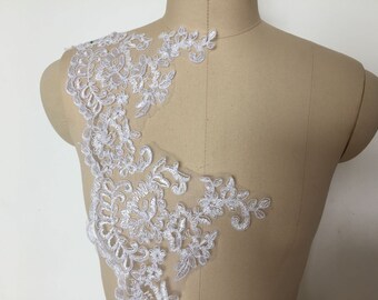 Flower embroidery,  white bridal lace trim,ivory alencon lace trim, vintage lace, scalloped Wide lace wedding trim lace, Bridal veil lace