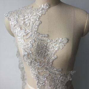 Silver Corded Lace Ivory / White Alencon Lace Trim, Sequin Alencon Lace Applique, Bridal Lace Trim for Wedding gown Bridal Veil