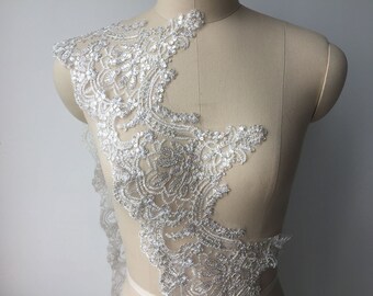 Silver Corded Lace Ivory / White Alencon Lace Trim, Sequin Alencon Lace Applique, Bridal Lace Trim for Wedding gown Bridal Veil