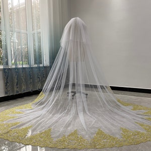 Lace Cathedral Wedding Veil White or Ivory Tulle Veil Golden Lace Edge Veil Golden Lace Decoration Wedding Veil Two Tier Veil