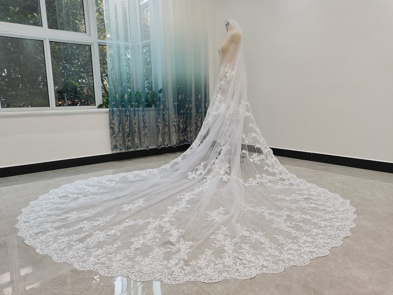 Romantic Wedding Lace Cathedral Veil White Or Ivory Cathedral Length One Layer Tulle Lace Edge Decoration Bridal Veil With Comb image 3