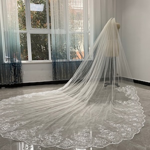 White Or Ivory Veil One Layer Wedding Veil Sequins Lace Veil Sequins Trim Veil Cathedral Wedding Bridal Veil