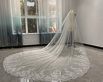 White Or Ivory Veil One Layer Wedding Veil Sequins Lace Veil Sequins Trim Veil Cathedral Wedding Bridal Veil