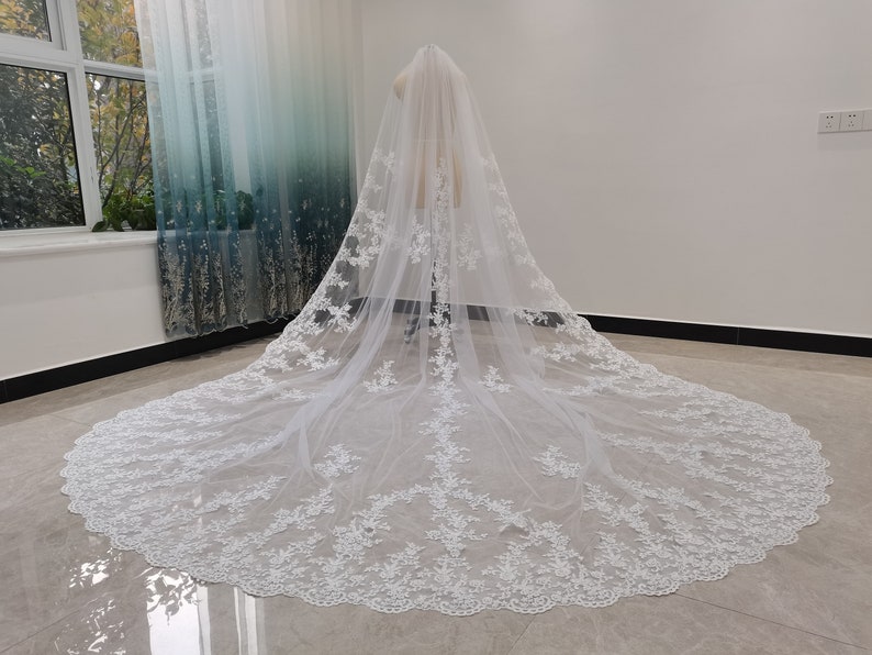 Romantic Wedding Lace Cathedral Veil White Or Ivory Cathedral Length One Layer Tulle Lace Edge Decoration Bridal Veil With Comb image 9