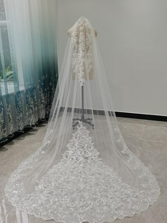 White Tulle One-tier Cathedral Length Bridal Veil with Lace Trim