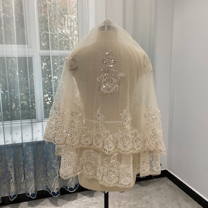 Champagne Two Layer Wedding Veil Short Veil Elbow Length Bridal Veil White/Ivory Veil Sequin Lace Wedding Veil