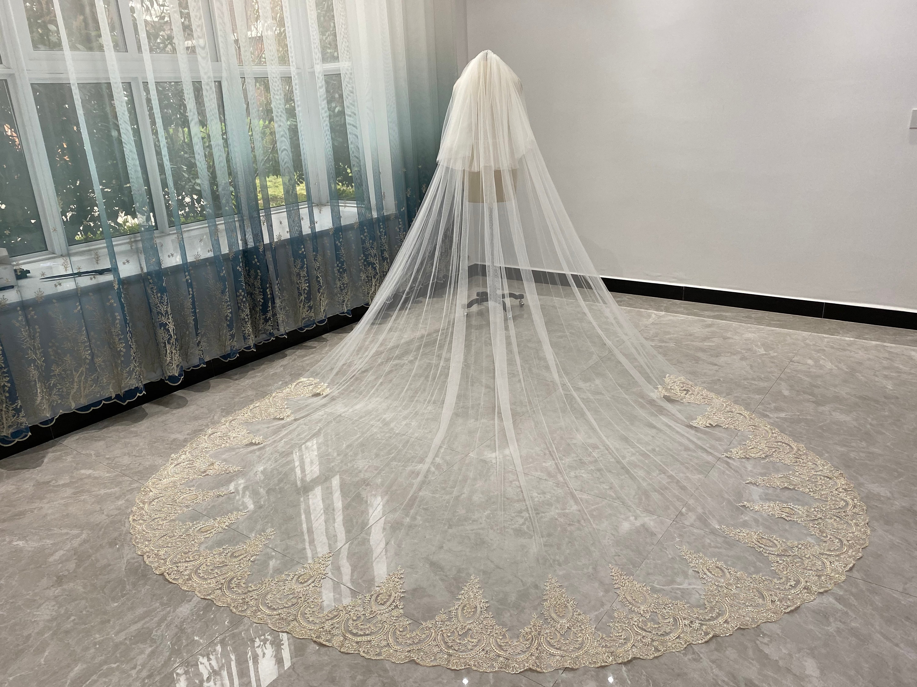 Bride Veil Vintage Lace Wedding Veil White or Ivory Tulle Veil Two Layer Veil Blush Veil Lace Cathedral Wedding Veil