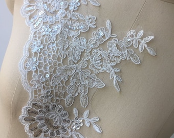 Ribete de encaje con lentejuelas, encaje ALençon con lentejuelas, ribete de encaje con lentejuelas, ribete de encaje floral para vestido de novia, ribete de encaje para sombrero, velo de encaje nupcial