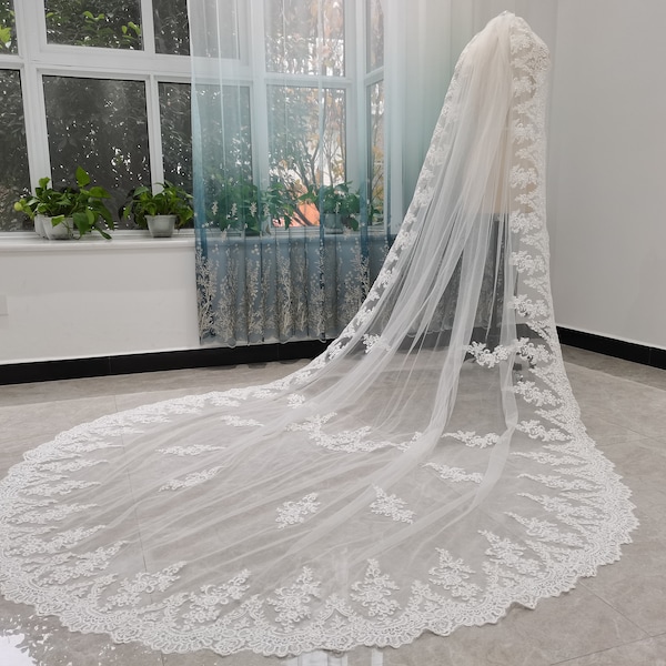 Voile de mariée en dentelle cathédrale avec une seule couche de dentelle Voiles de mariage cathédrale de luxe Voile de mariée blanc ivoire Voile de mariage bohème