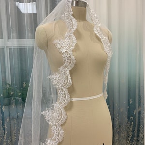 White Tulle Single Layer Cathedral Wedding Veil Lace Edge Veil Ivory One Tier Veil With Comb Bridal Veil