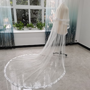Two Layer Satin Ribbon Wedding Veil White Tulle Cathedral Wedding Veil Ivory Wedding Bridal Veil Ribbon Edge Trim Veil