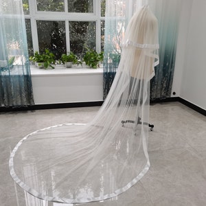 Two Layer Satin Ribbon Wedding Veil White Tulle Cathedral Wedding Veil Ivory Wedding Bridal Veil Ribbon Edge Trim Veil